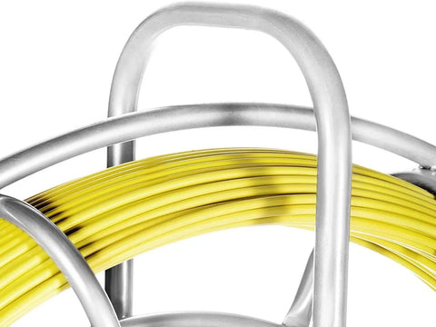 Fiberglass Fish Tape 656 Feet Quarter Inch Duct Rodder Wire Puller Cable Running Rod With Steel Reel Stand Pro Grade Heavy Duty For Walls And Electrical Conduit Flexible Tough Strength Minimum Bending Radius 13 Inches, yellow fiber rod on steel reel
