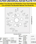 Router universal base plate with various drill hole sizes, 9.8x8.7 inches dimensions, and compatibility list for multiple router brands.