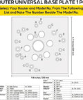 Image of a router universal base plate with model compatibility chart for PORTER-CABLE, Bosch, and other router brands.