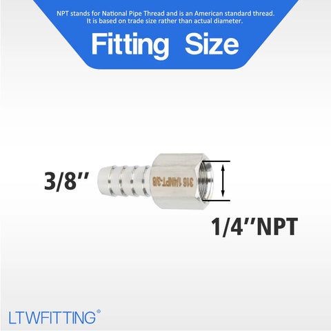 Premium 316 Stainless Steel Barb Coupler 3/8 In Hose Id With 1/4 In Female Npt Thread Fitting showing sizing details.