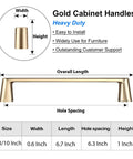 Diagram of brushed brass cabinet pull, 7-inch length, 6.3-inch center, showing dimensions and description of gold handle.