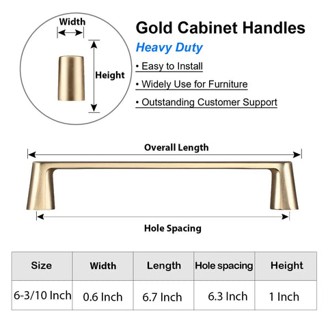 Diagram of brushed brass cabinet pull, 7-inch length, 6.3-inch center, showing dimensions and description of gold handle.