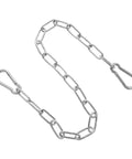 Chain Link Gate Latch with Double Carabiner Ends Stainless Steel, showcasing chain link design and metal carabiner ends.