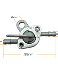 Close-up of Inline Gas Petcock Shut Off Valve For 50cc To 125cc Dirt Bikes Mini Bikes Go Karts ATVs And More Fits Three Sixteenth Inch Fuel Line With Six Millimeter Inlet And Outlet Easy Install Durable Inline Fuel Valve For Tao Tao Coolster SSR Apollo, showing dimensions and metal structure.