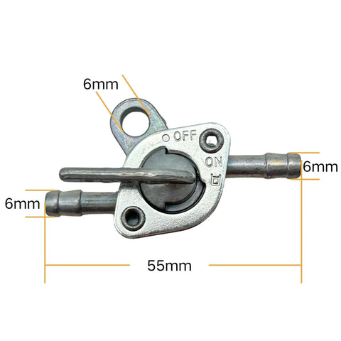 Close-up of Inline Gas Petcock Shut Off Valve For 50cc To 125cc Dirt Bikes Mini Bikes Go Karts ATVs And More Fits Three Sixteenth Inch Fuel Line With Six Millimeter Inlet And Outlet Easy Install Durable Inline Fuel Valve For Tao Tao Coolster SSR Apollo, showing dimensions and metal structure.
