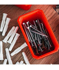 Top Tier Heavy Duty Parts Rack With Garage Storage Bins For Tool Organization And Workshop Supplies, red container with screws and anchors.