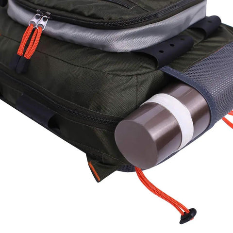 Close-up of Fly Fishing Sling Pack For Quick Access Tackle Storage Shoulder Bag With Adjustable Padded Straps in Army Green