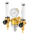 Front view of Mtsooning dual-output argon regulator with two flow meters, brass body and black adjustment knobs.