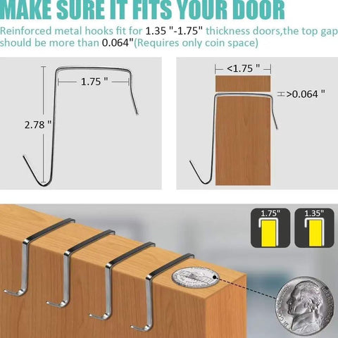 Reinforced metal hooks for Over The Door Shoe Organizer With 35 Roomy Mesh Pockets, fitting 1.35" - 1.75" thick doors.