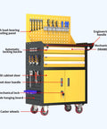 High Capacity 3 Drawer Rolling Tool Chest With Lock, 4 Wheel Mobile Tool Box For Garage And Workshop, Heavy Duty Workhorse Tool Storage Cabinet In Yellow, Great For Home Garages, Shops, Or Warehouses, Sturdy Steel Build with side hanging board and caster wheels
