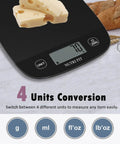 Ultra Slim Digital Kitchen Scale For Food Weighing Up To Five Kilograms With 0.1 Ounce And 1 Gram Increments Tare Function Black showing cheese