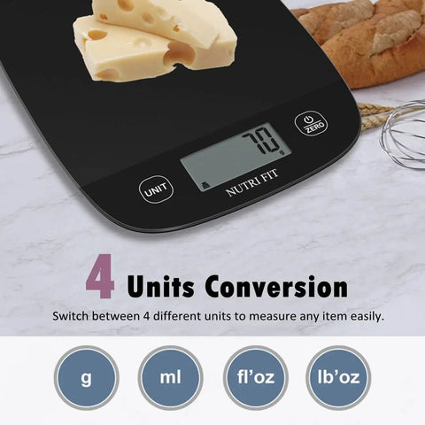 Ultra Slim Digital Kitchen Scale For Food Weighing Up To Five Kilograms With 0.1 Ounce And 1 Gram Increments Tare Function Black showing cheese