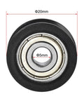 Top view of Badass U Groove Ball Bearing 5mm Double Shielded Chromium Steel V Track Roller, 20mm diameter, for light industrial motors.