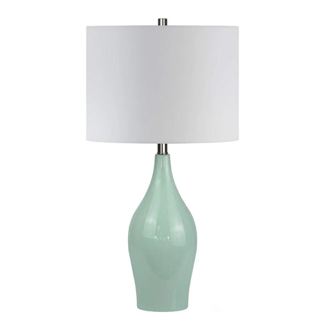 28.25 Inch Tall Porcelain Table Lamp With Teal And Taupe Two Tone Finish, White Linen French Drum Shade, Durable Lining, Modern Living Room Vibe