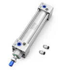 Heavy Duty Industrial Pneumatic Air Cylinder With One And One Quarter Inch Bore And Seven Point Eight Seven Inch Stroke Double Acting Single Rod M10 By 1.25 Threaded Rod Port One Eighth Inch Includes Two Push In Fittings