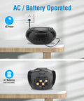 Portable CD Player Boombox With FM Radio Bluetooth USB Port And Aux Input For Home Or On The Go Compact Easy Use Design shown with AC and battery options.