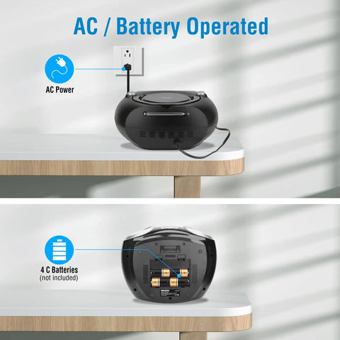 Portable CD Player Boombox With FM Radio Bluetooth USB Port And Aux Input For Home Or On The Go Compact Easy Use Design shown with AC and battery options.