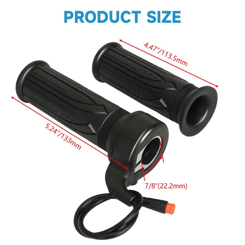 Universal 3 Pin Ebike Twist Throttle Kit with 22.2mm handlebar fit and product dimensions highlighted, plug and play design