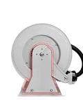 One Inch Heavy Duty Automatic Hose Reel Built Tough As Nails For Grip And Go Water Retrieval Plus Hassle Free Rolling Back - side view with water hose attached.