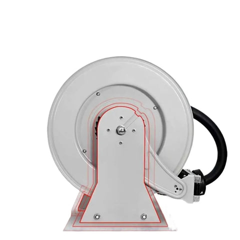 One Inch Heavy Duty Automatic Hose Reel Built Tough As Nails For Grip And Go Water Retrieval Plus Hassle Free Rolling Back - side view with water hose attached.