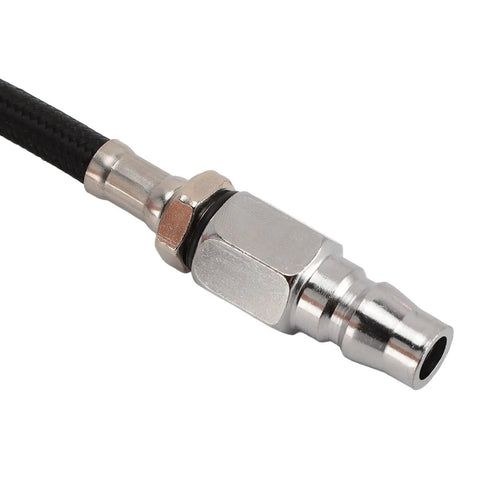 Close-up of Tough As Nails Pneumatic Air Powered Pencil Die Grinder connector, chrome finish with black hose for pneumatic tools.