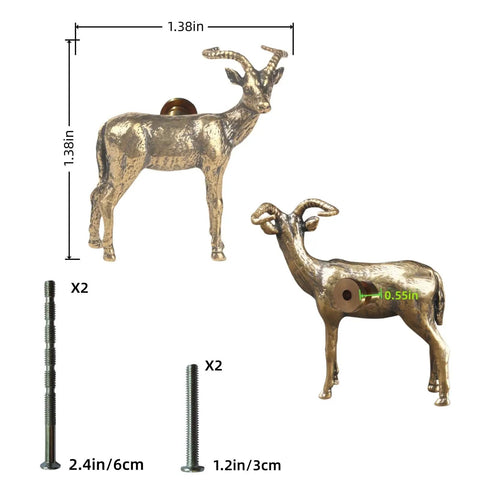 Kickass Solid Brass Cabinet Knobs With Super Sweet Retro Animal Drawer Pulls For Kitchen Cupboards Heavy Duty Furniture Hardware Featuring Smooth Adjustable Cuttable Step Screws, goat shapes with dimensions shown.