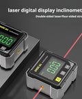 Digital Angle Finder With Laser And Four Side Magnetic Gauge For Woodworking, Cube Inclinometer, Table Saw Protractor, Precise Measuring Tool With LED Display For Quick Absolute And Relative Angles, Level Box For Hanging, shown on black surface with laser