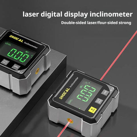 Digital Angle Finder With Laser And Four Side Magnetic Gauge For Woodworking, Cube Inclinometer, Table Saw Protractor, Precise Measuring Tool With LED Display For Quick Absolute And Relative Angles, Level Box For Hanging, shown on black surface with laser