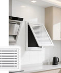 Removable Air Vent Grille Cover With Louvered Mesh White Access Panel For 22X22 Inch Drywall Hatches And Pipe Valves in kitchen.