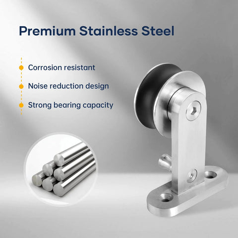 Close-up of 6.6 Foot Top Mount Stainless Steel Sliding Barn Door Hardware Track Kit That Slides Like Butter For 36 To 40 Inch Wide Single Doors showing roller and rods.