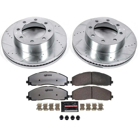 Ford Front Brake Kit Upgrade For F 250 Super Duty 2012 Through 2022 And F 350 Super Duty 2013 Through 2022 And F 450 Super Duty 2013 Through 2016 With Carbon Fiber Ceramic Pads And Drilled Slotted Rotors For Heavy Duty Trucks