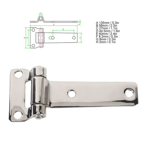 Heavy-duty stainless T-shape hinge for RV yacht and cabinet, rust-resistant and high load capacity, detailed dimensions included.