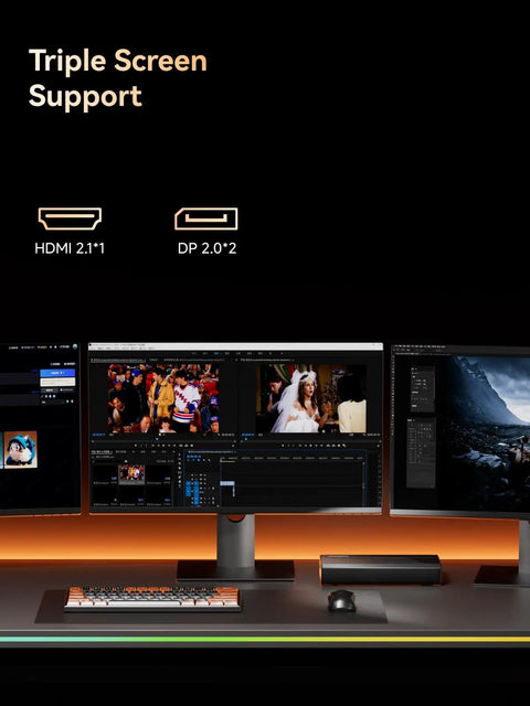 Next Level External GPU Docking Station With AMD Radeon 7600M XT Graphics And Eight GB Memory showing triple monitor setup with HDMI and DP connections.