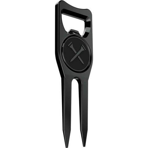Front view of Six In One Premium Golf Divot Tool With Magnetic Ball Marker Bottle Opener Club Tee Groove Cleaner And Putting Alignment Black