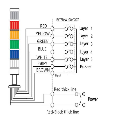 Wiring diagram for Industrial AC 110V LED Stack Light With 90dB Buzzer Alarm, 3-layer signal tower connection guide.