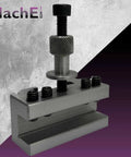Go-To Quick Change Tool Post Holder For Boxford Warco And Similar Size Lathes With Parting Cut Off Holder Half Inch Blade High-Strength Tool Steel For Fast Tool Changes And Precise Machining, showing front view with visible screws and lever.