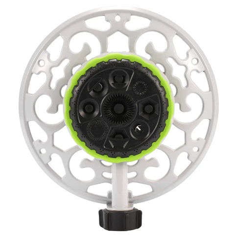 Front view of 8 Pattern Turret Sprinkler With Adjustable Spray Heads On A Durable Metal Base for precise lawn and garden watering