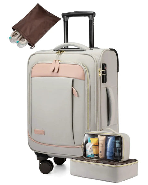 Four Piece Carry On Luggage Set That Really Fits Airline Size Rules, 21 Inch Softside Carry On Suitcases with TSA Lock and spinner wheels
