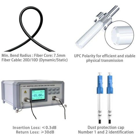 OS2 LC to LC Armored Fiber Patch Cable Single Mode 100FT with UPC Polarity and test station for stable transmission.