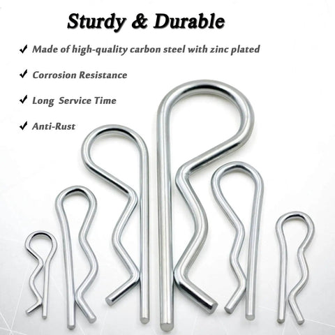 Close-up of zinc plated R clips from 60 Pc Cotter Pin Hair Pin Kit With Zinc Plated R Clips For Hitch Pin Lock Systems In Automotive Marine Tractors Mowers Carts And Trucks Includes 12 Sizes And 2 Styles Durable Carbon Steel Fasteners.