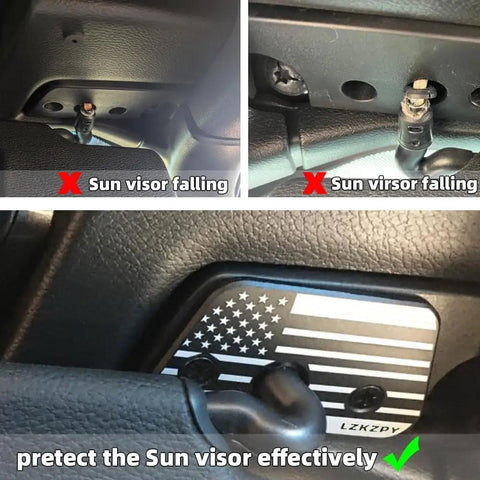 Rugged Aluminum Alloy Sun Visor Clip Repair Kit For Jeep Wrangler JK JL And Gladiator Fixes Sagging Visor With American Flag Black Finish