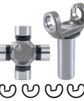 Transmission Slip Yoke And U Joint Kit For Turbo 350 TH350 700R4 1310 Series 26 27 Spline with retaining clips, angled view