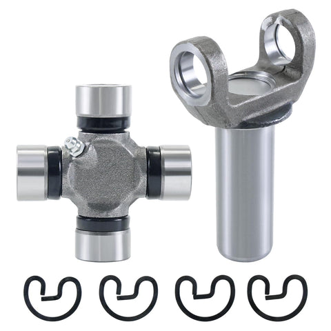 Transmission Slip Yoke And U Joint Kit For Turbo 350 TH350 700R4 1310 Series 26 27 Spline with retaining clips, angled view