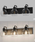 Three Light Matte Black Farmhouse Vanity Lighting Fixture With Clear Glass Globes for Bathroom, OFF and ON display