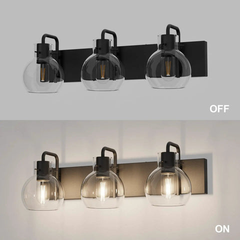 Three Light Matte Black Farmhouse Vanity Lighting Fixture With Clear Glass Globes for Bathroom, OFF and ON display
