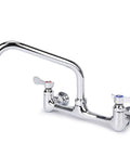 Straight Up Heavy Duty Wall Mount Utility Sink Faucet With Eight Inch Full Range Swivel Spout Dual Handles Solid Lead Free Brass Polished Chrome Finish Top Shelf Durability, detailed view from the side.