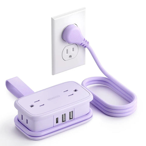Purple Travel Power Strip With Four Outlets And Three USB Ports Including USB C Four Foot Wrapped Extension Cord plugged in.