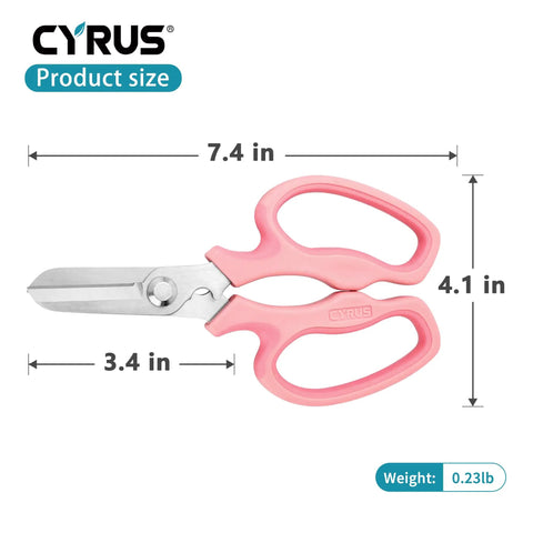 7.5 Inch Garden Shears Pruner Secateurs With Integrated Stab Remover shown with dimensions, ergonomic pink handles, and sharp blades