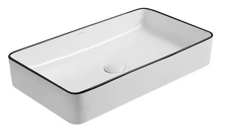 Ceramic Vessel Sink Above Counter Square Bathroom Basin 24 Inch By 14 Inch By 4 Inch With Popup Drain Modern Art Style Durable White Gloss Finish