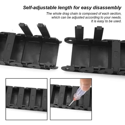 R38 18mm By 50mm Semi Enclosed Drag Chain Cable Carrier for CNC Machines shown disassembled with open sections and connectors.